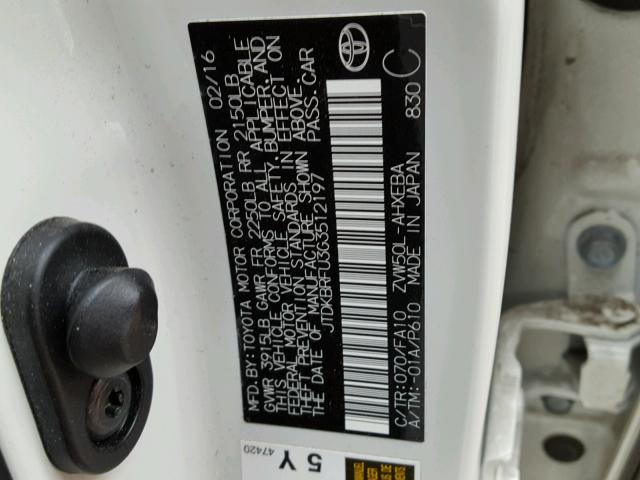 JTDKBRFU3G3512197 - 2016 TOYOTA PRIUS WHITE photo 10