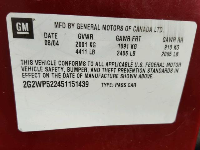 2G2WP522451151439 - 2005 PONTIAC GRAND PRIX MAROON photo 10