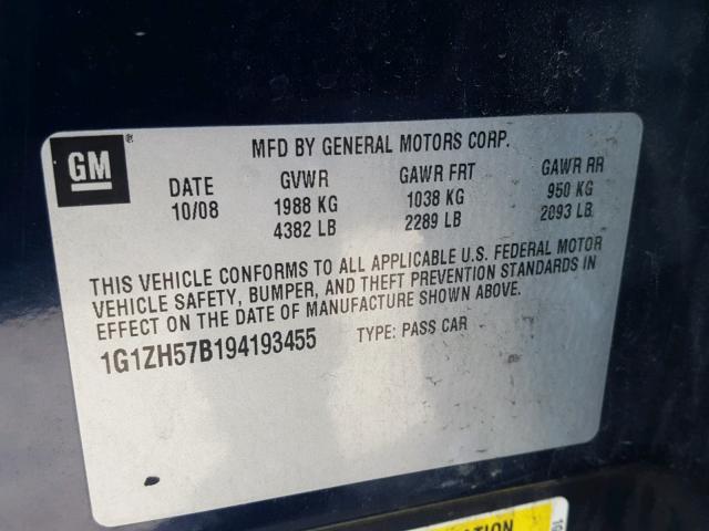 1G1ZH57B194193455 - 2009 CHEVROLET MALIBU 1LT BLUE photo 10