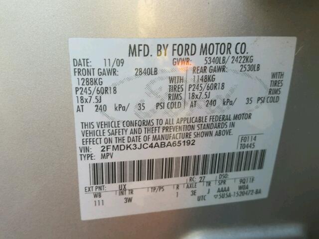 2FMDK3JC4ABA65192 - 2010 FORD EDGE SEL SILVER photo 10