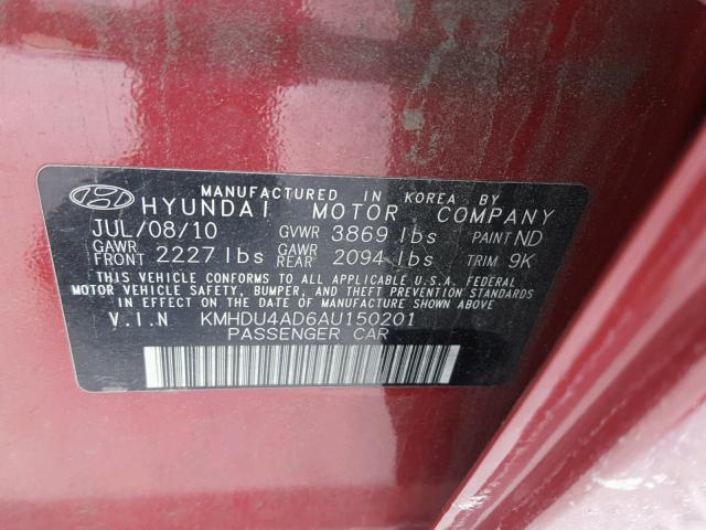 KMHDU4AD6AU150201 - 2010 HYUNDAI ELANTRA BL RED photo 10