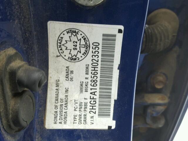 2HGFA16856H023550 - 2006 HONDA CIVIC EX BLUE photo 10