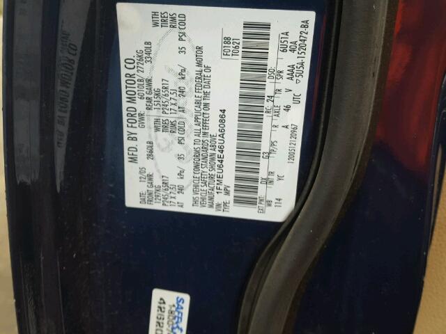 1FMEU64E46UA60864 - 2006 FORD EXPLORER E BLUE photo 10