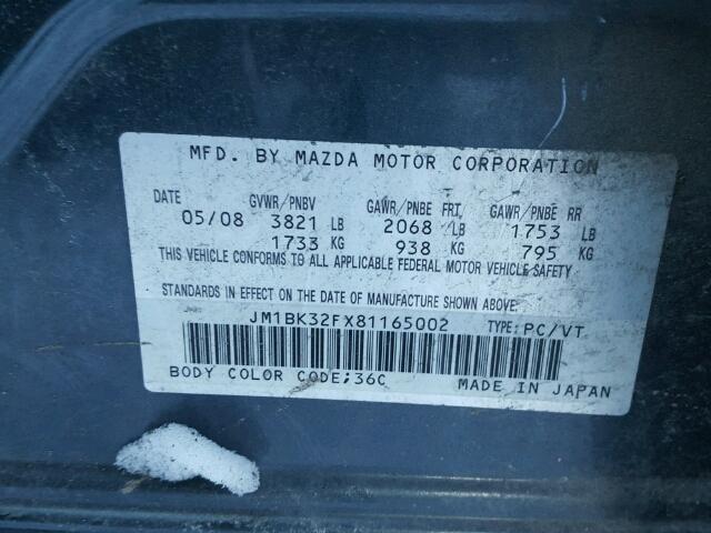 JM1BK32FX81165002 - 2008 MAZDA 3 I GRAY photo 10