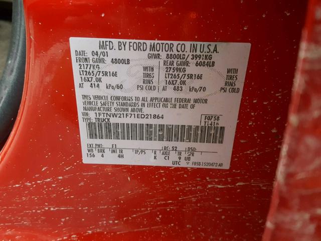 1FTNW21F71ED21864 - 2001 FORD F250 SUPER RED photo 10