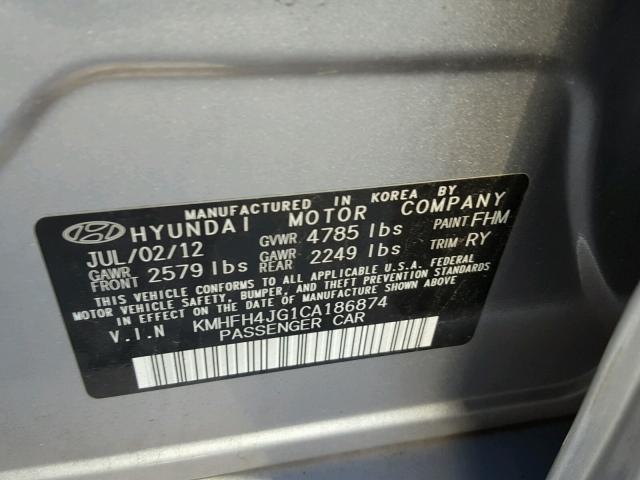 KMHFH4JG1CA186874 - 2012 HYUNDAI AZERA GLS SILVER photo 10