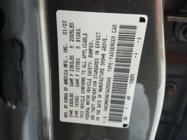 1HGCM66867A056046 - 2007 HONDA ACCORD EX GRAY photo 10