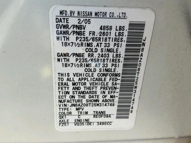 JN8AZ08T25W314749 - 2005 NISSAN MURANO SL WHITE photo 10