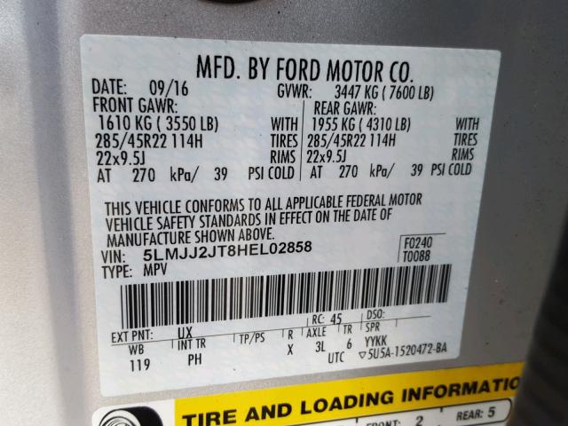 5LMJJ2JT8HEL02858 - 2017 LINCOLN NAVIGATOR 银色 照片 10