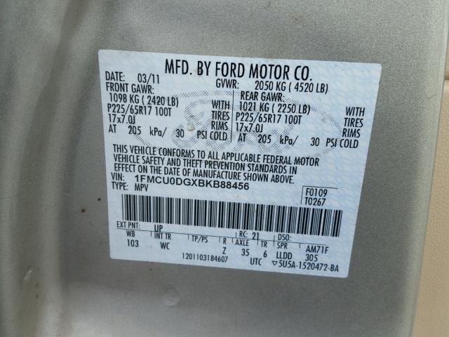 1FMCU0DGXBKB88456 - 2011 FORD ESCAPE XLT GOLD photo 10