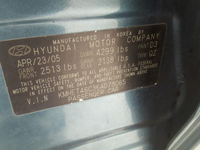 KMHET46C36A078065 - 2006 HYUNDAI SONATA GL BLUE photo 10