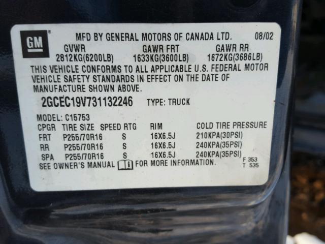 2GCEC19V731132246 - 2003 CHEVROLET SILVERADO CHARCOAL photo 10