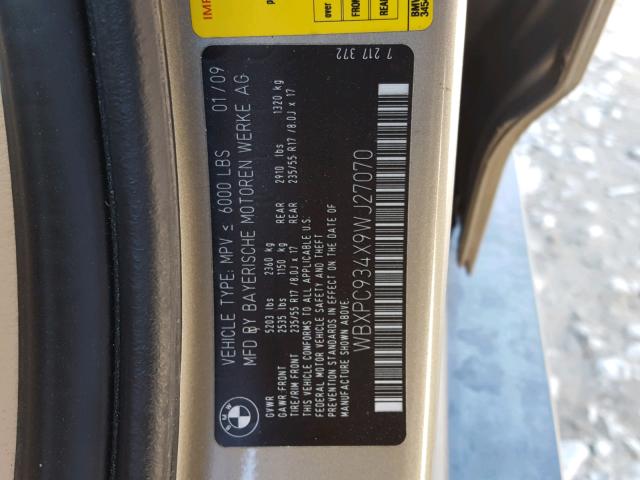 WBXPC934X9WJ27070 - 2009 BMW X3 XDRIVE3 BEIGE photo 10