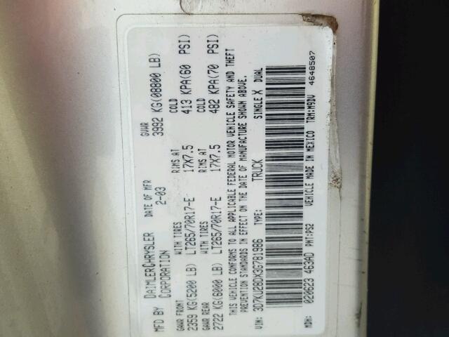 3D7KU28DX3G781986 - 2003 DODGE RAM 2500 S SILVER photo 10