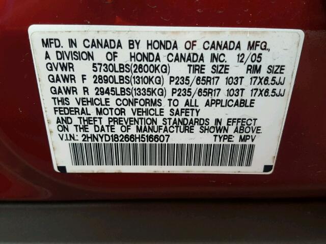 2HNYD18266H516607 - 2006 ACURA MDX RED photo 10