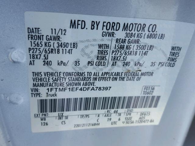 1FTMF1EF4DFA78397 - 2013 FORD F150 SILVER photo 10