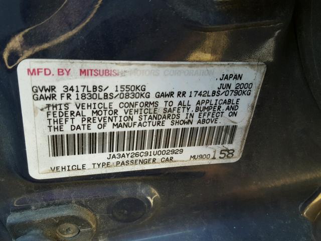 JA3AY26C91U002929 - 2001 MITSUBISHI MIRAGE ES BLUE photo 10