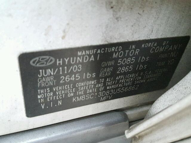 KM8SC13D83U556862 - 2003 HYUNDAI SANTA FE G WHITE photo 10