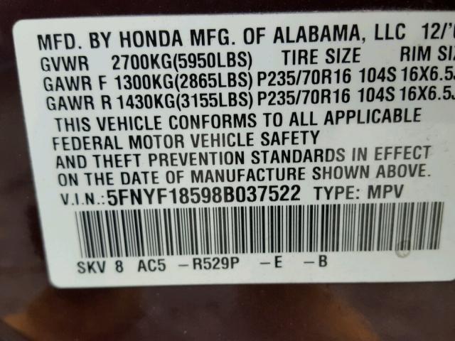 5FNYF18598B037522 - 2008 HONDA PILOT EXL MAROON photo 10