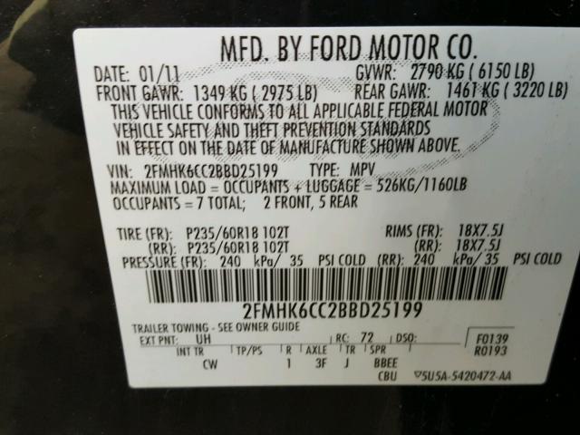 2FMHK6CC2BBD25199 - 2011 FORD FLEX SEL შავი ფოტო 10