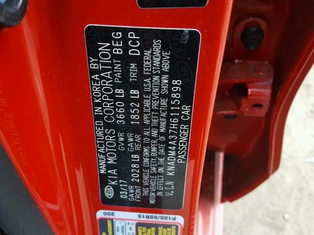 KNADM4A37H6115898 - 2017 KIA RIO LX RED photo 10