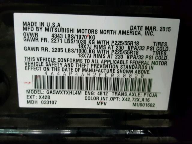 4A4AP4AW2FE030020 - 2015 MITSUBISHI OUTLANDER BLACK photo 10