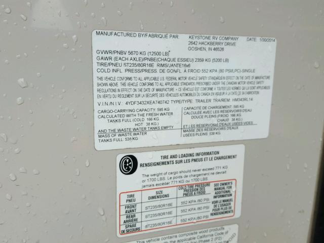 4YDF3432XEA740742 - 2014 KEY MONTANA BEIGE photo 10