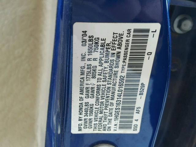 1HGES16314L016592 - 2004 HONDA CIVIC DX V BLUE photo 10