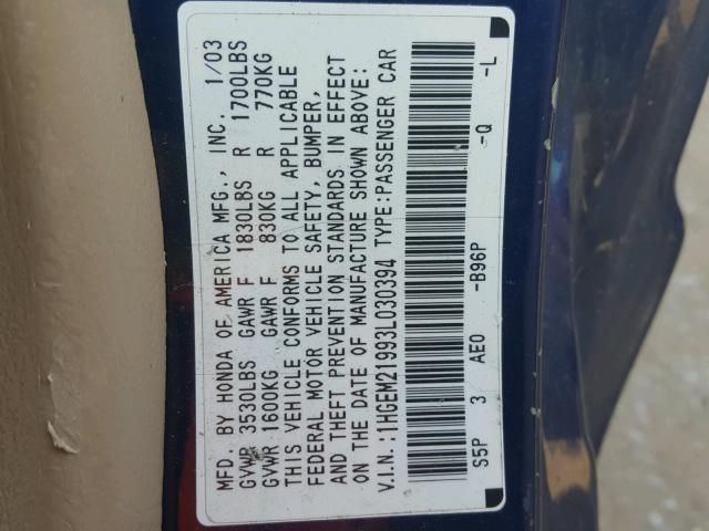 1HGEM21993L030394 - 2003 HONDA CIVIC EX أزرق صورة 10