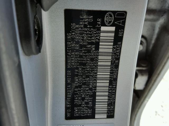 2T1KR32E86C603205 - 2006 TOYOTA COROLLA MA SILVER photo 10