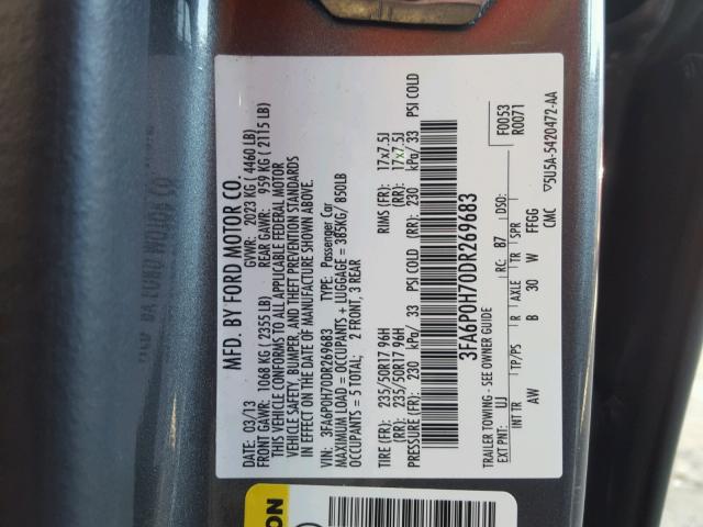 3FA6P0H70DR269683 - 2013 FORD FUSION SE GRAY photo 10