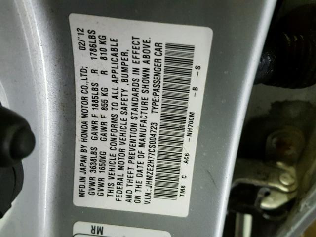 JHMZE2H77CS004723 - 2012 HONDA INSIGHT EX SILVER photo 10