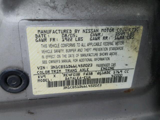 3N1CB51D66L452023 - 2006 NISSAN SENTRA 1.8 TAN photo 10