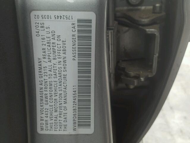 WVWPD63B72P455411 - 2002 VOLKSWAGEN PASSAT GLS GRAY photo 10