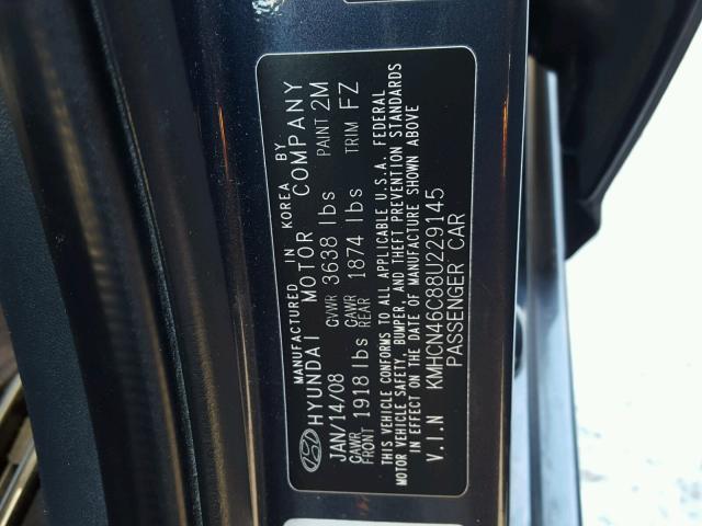 KMHCN46C88U229145 - 2008 HYUNDAI ACCENT GLS GRAY photo 10