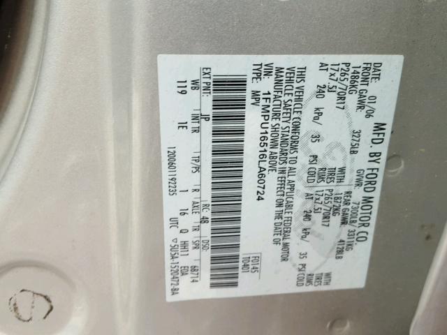 1FMPU16516LA60724 - 2006 FORD EXPEDITION SILVER photo 10