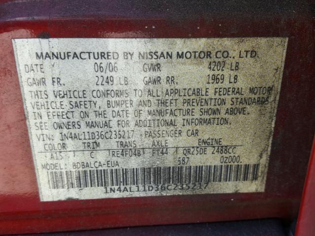 1N4AL11D36C235217 - 2006 NISSAN ALTIMA S RED photo 10