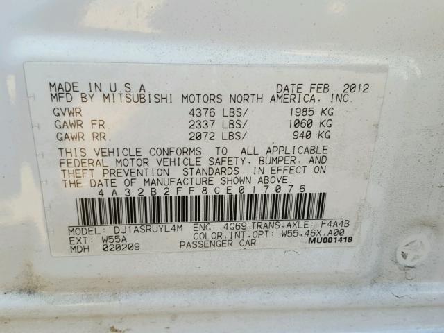 4A32B2FF8CE017076 - 2012 MITSUBISHI GALANT FE WHITE photo 10