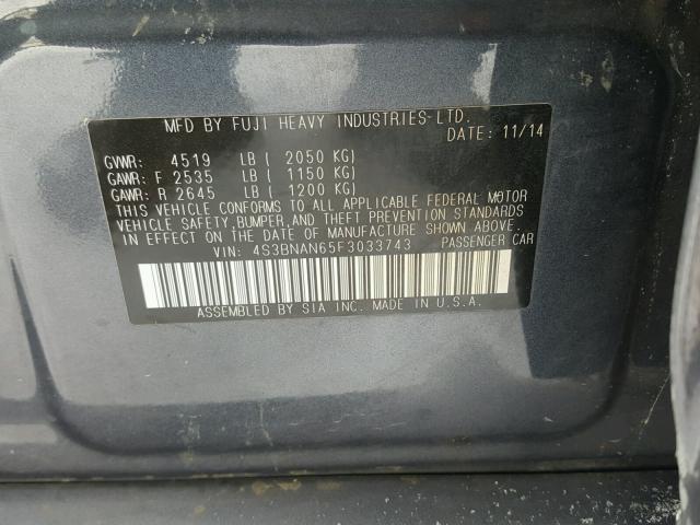 4S3BNAN65F3033743 - 2015 SUBARU LEGACY 2.5 GRAY photo 10