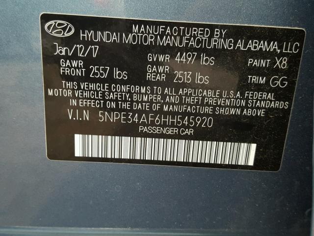 5NPE34AF6HH545920 - 2017 HYUNDAI SONATA SPO BLUE photo 10