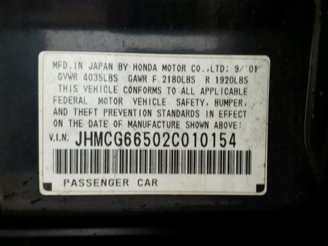 JHMCG66502C010154 - 2002 HONDA ACCORD LX BLACK photo 10