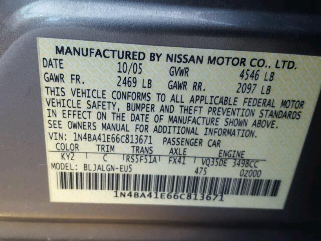 1N4BA41E66C813671 - 2006 NISSAN MAXIMA SE GRAY photo 10