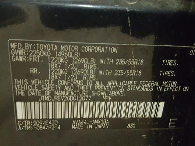 JTMDJREV2GD012077 - 2016 TOYOTA RAV4 HV LI BLACK photo 10