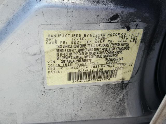 3N1AB6AP2BL659378 - 2011 NISSAN SENTRA 2.0 SILVER photo 10