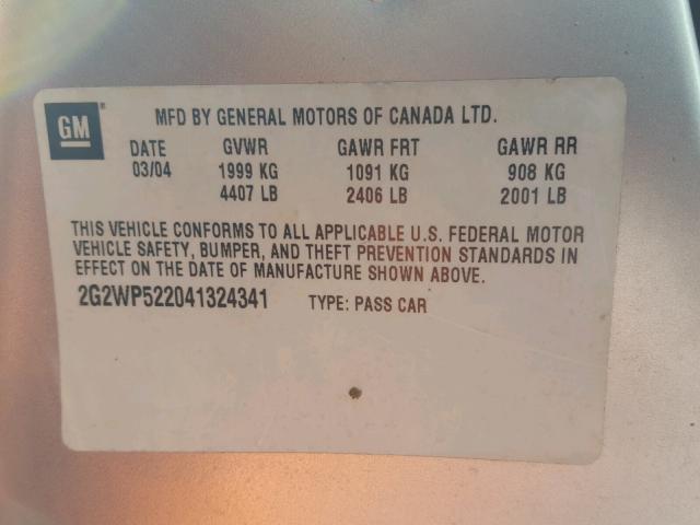 2G2WP522041324341 - 2004 PONTIAC GRAND PRIX SILVER photo 10