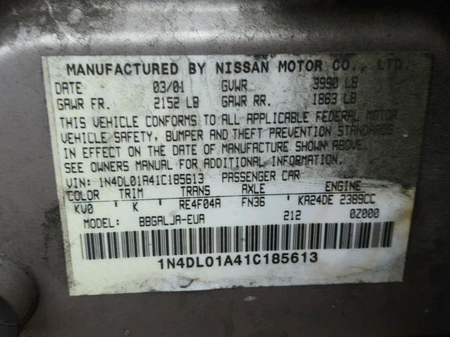 1N4DL01A41C185613 - 2001 NISSAN ALTIMA GXE GRAY photo 10