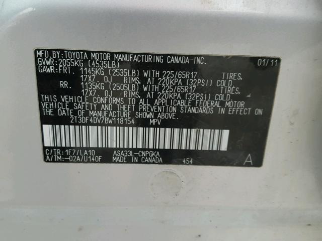 2T3DF4DV7BW118154 - 2011 TOYOTA RAV4 LIMIT SILVER photo 10