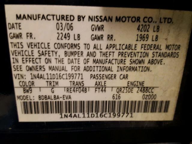 1N4AL11D16C199771 - 2006 NISSAN ALTIMA S BLUE photo 10