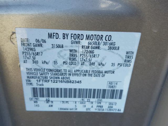 1FTRF12216NB82345 - 2006 FORD F150 BROWN photo 10