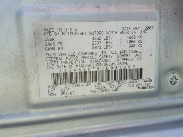 4A3AB36F07E081202 - 2007 MITSUBISHI GALANT ES SILVER photo 10